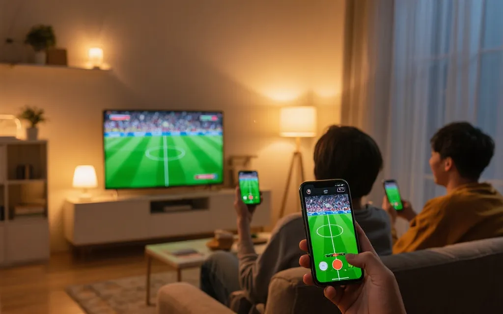客厅电视与手机同步播放足球赛的场景，象征多屏OTT观赛与免费入口组合