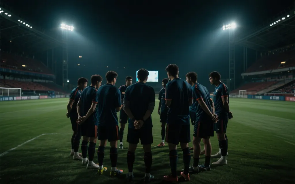 世界杯决赛夜加拿大队在主场灯光下的战术讨论氛围，教练组与球员围成一圈